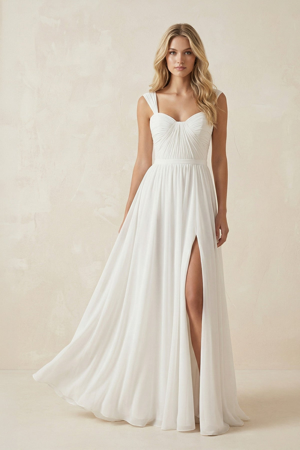 Diamond White Chiffon A-Line Sweetheart Wedding Dress With Slit