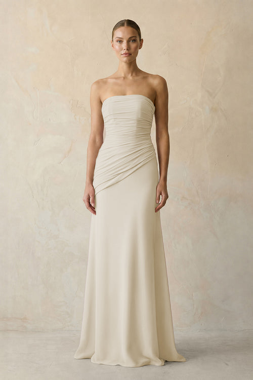 Dove Gray Sheath Chiffon Strapless Pleated Bridesmaid Dress in Frost - KISS BRIDAL Bridesmaid Dresses