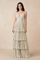 Tiered Pleated V - Neck A - Line Chiffon Bridesmaid Dress in Dove Gray - KISS BRIDAL Bridesmaid Dresses