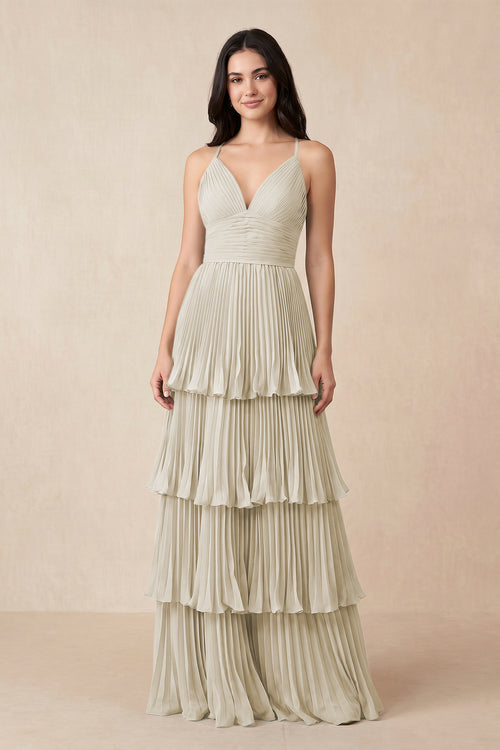 Tiered Pleated V - Neck A - Line Chiffon Bridesmaid Dress in Dove Gray - KISS BRIDAL Bridesmaid Dresses