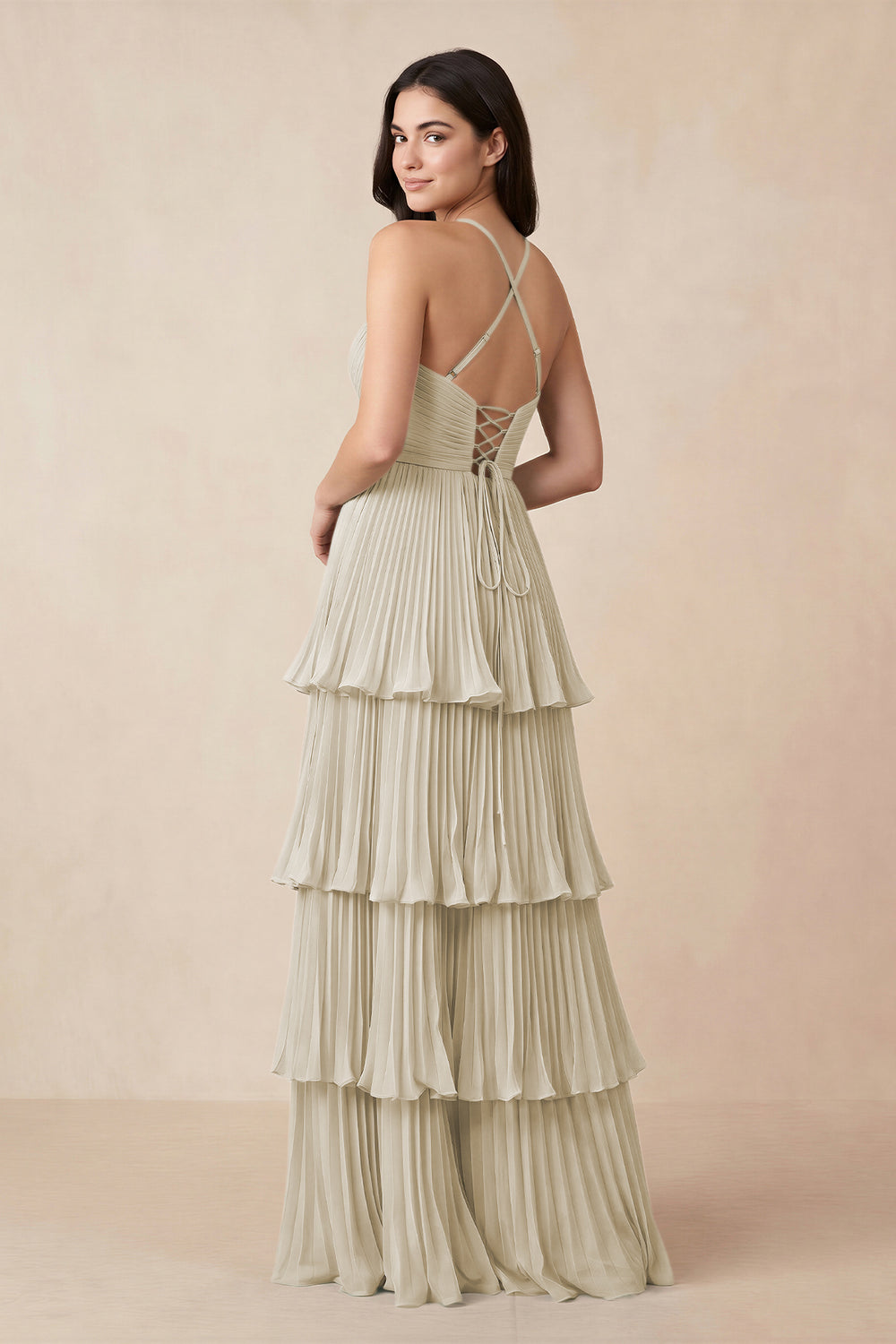 Tiered Pleated V-Neck A-Line Chiffon Bridesmaid Dress in Dove Gray