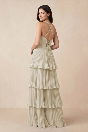 Tiered Pleated V - Neck A - Line Chiffon Bridesmaid Dress in Dove Gray - KISS BRIDAL Bridesmaid Dresses