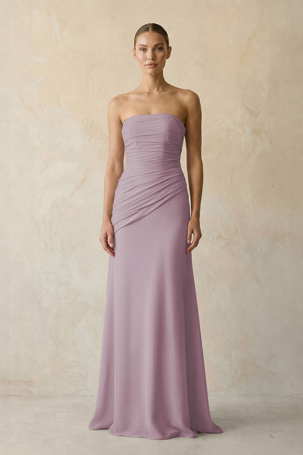 Sheath Chiffon Strapless Pleated Bridesmaid Dress in Dusk