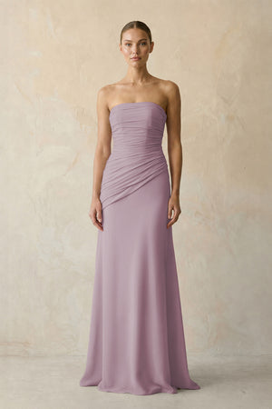 Dusk Sheath Chiffon Strapless Pleated Bridesmaid Dress in Frost - KISS BRIDAL Bridesmaid Dresses