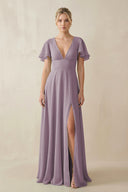 Dusk V-Neck Ruffled Short Sleeves A-Line Bridesmaid Dress | KISSBRIDAL