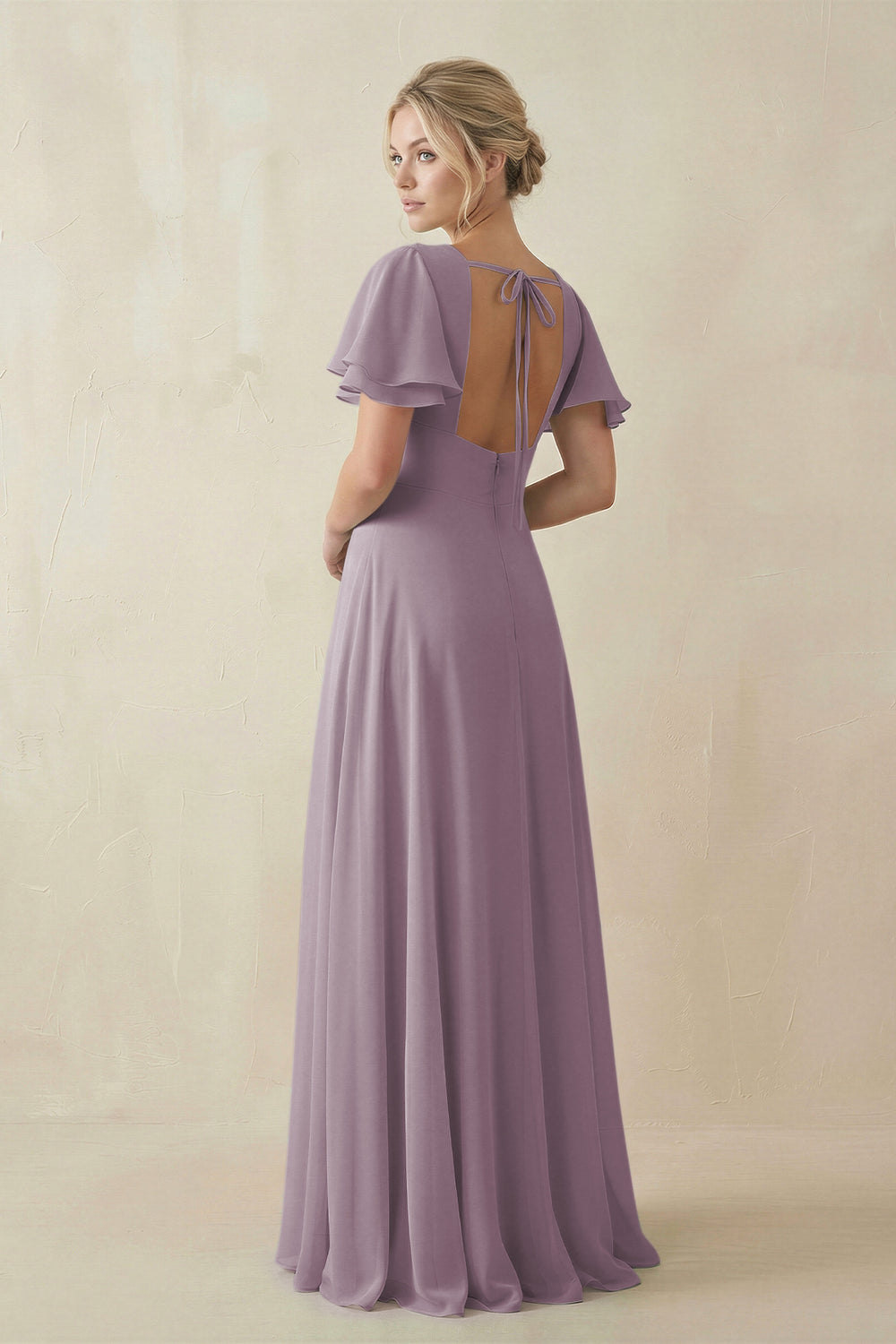V-Neck Ruffled Short Sleeves A-Line Bridesmaid Dress in Dusk