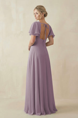 Dusk V-Neck Ruffled Short Sleeves A-Line Bridesmaid Dress | KISSBRIDAL