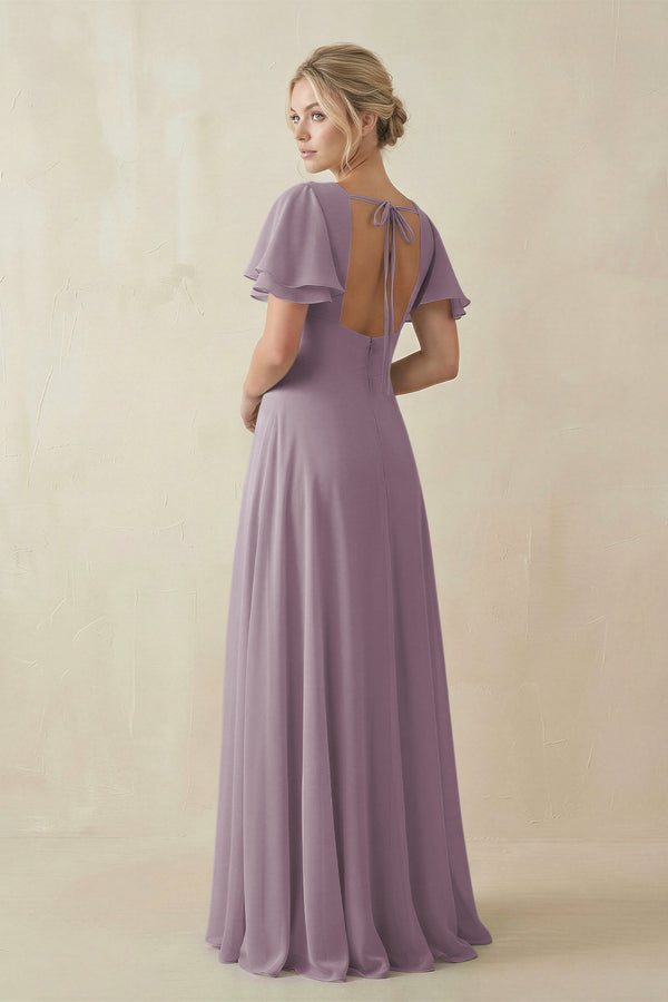 Dusk V-Neck Ruffled Short Sleeves A-Line Bridesmaid Dress | KISSBRIDAL
