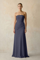 Dusk Blue Sheath Chiffon Strapless Pleated Bridesmaid Dress in Frost - KISS BRIDAL Bridesmaid Dresses