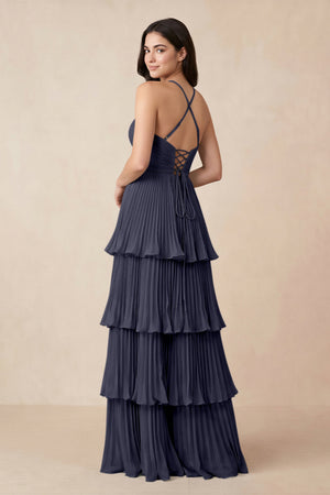 Tiered Pleated V - Neck A - Line Chiffon Bridesmaid Dress in Dusk Blue - KISS BRIDAL Bridesmaid Dresses