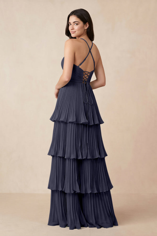 Tiered Pleated V - Neck A - Line Chiffon Bridesmaid Dress in Dusk Blue - KISS BRIDAL Bridesmaid Dresses