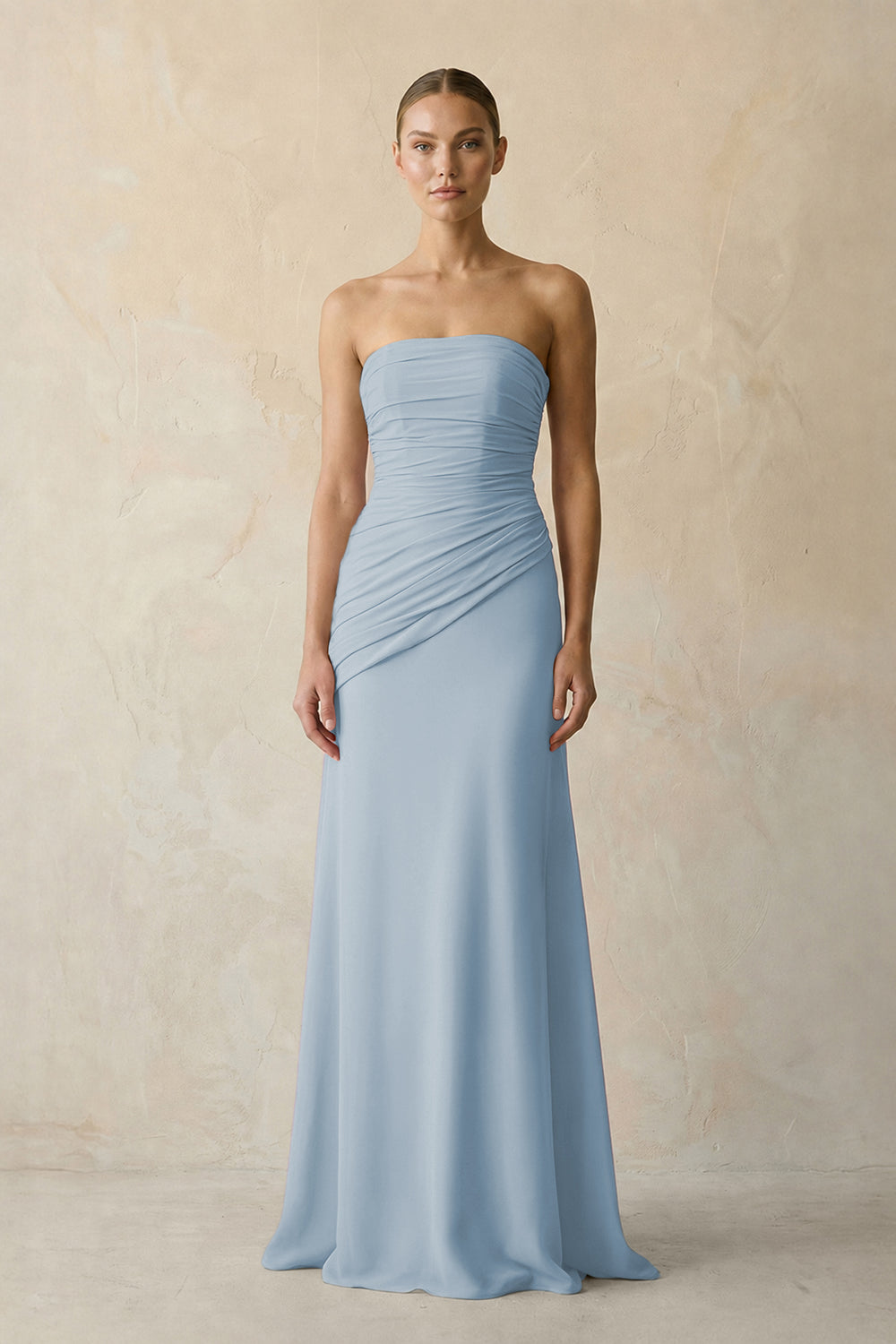 Sheath Chiffon Strapless Pleated Bridesmaid Dress in Dusty Blue