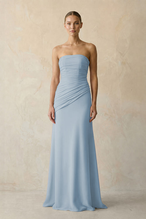 Dusty Blue Sheath Chiffon Strapless Pleated Bridesmaid Dress in Frost - KISS BRIDAL Bridesmaid Dresses