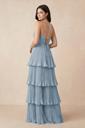 Tiered Pleated V - Neck A - Line Chiffon Bridesmaid Dress in Dusty Blue - KISS BRIDAL Bridesmaid Dresses