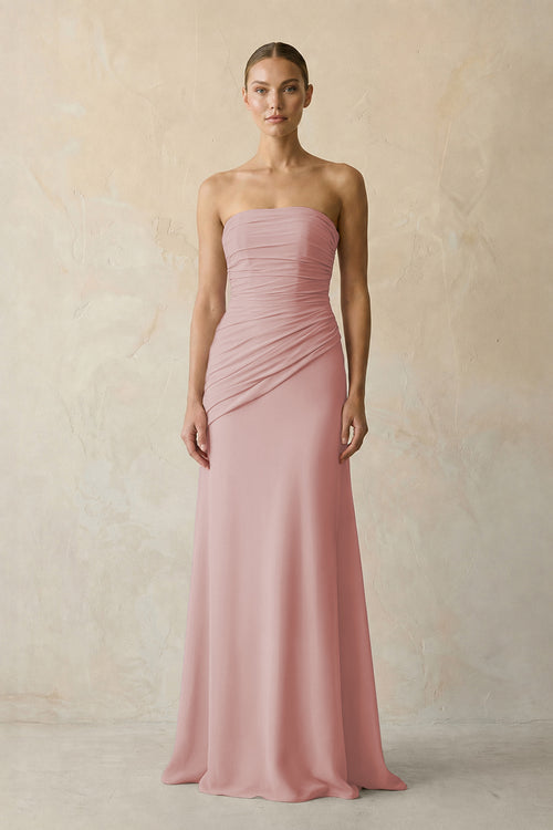 Dusty Rose Sheath Chiffon Strapless Pleated Bridesmaid Dress in Matcha - KISS BRIDAL Bridesmaid Dresses