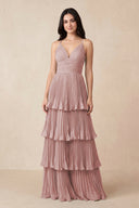 Tiered Pleated V - Neck A - Line Chiffon Bridesmaid Dress in Dusty Rose - KISS BRIDAL Bridesmaid Dresses