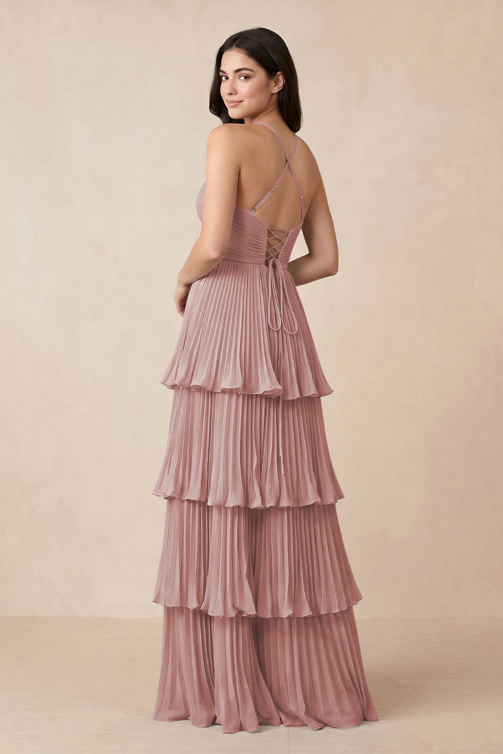 Tiered Pleated V-Neck A-Line Chiffon Bridesmaid Dress in Dusty Rose