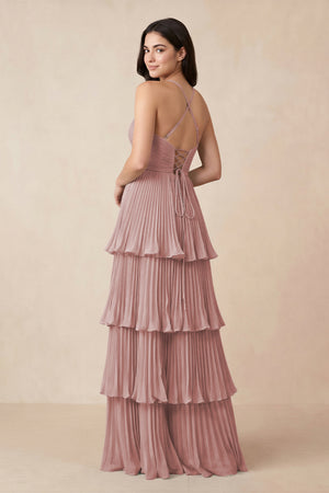 Tiered Pleated V - Neck A - Line Chiffon Bridesmaid Dress in Dusty Rose - KISS BRIDAL Bridesmaid Dresses