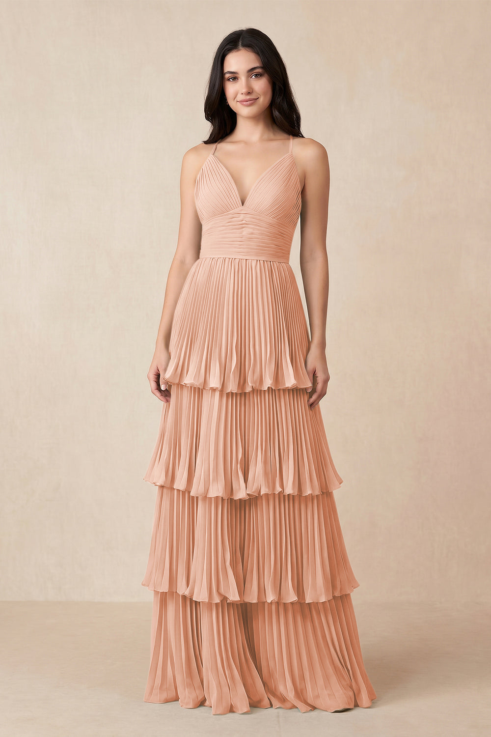 Tiered Pleated V-Neck A-Line Chiffon Bridesmaid Dress in English Rose