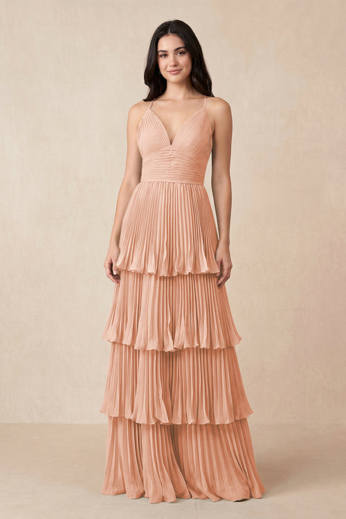 Tiered Pleated V - Neck A - Line Chiffon Bridesmaid Dress in English Rose - KISS BRIDAL Bridesmaid Dresses