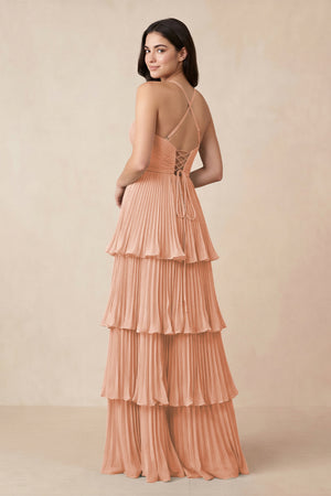 Tiered Pleated V - Neck A - Line Chiffon Bridesmaid Dress in English Rose - KISS BRIDAL Bridesmaid Dresses
