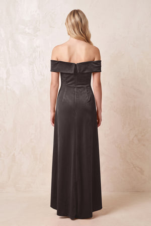Off - the - Shoulder Sheath Velvet Midi Bridesmaid Dress in Espresso - KISS BRIDAL Bridesmaid Dresses