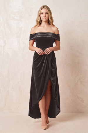 Off - the - Shoulder Sheath Velvet Midi Bridesmaid Dress in Espresso - KISS BRIDAL Bridesmaid Dresses