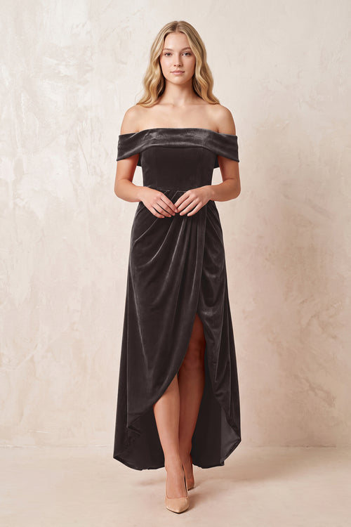 Off - the - Shoulder Sheath Velvet Midi Bridesmaid Dress in Espresso - KISS BRIDAL Bridesmaid Dresses