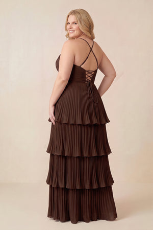 Tiered Pleated V - Neck A - Line Chiffon Bridesmaid Dress in Espresso - KISS BRIDAL Bridesmaid Dresses