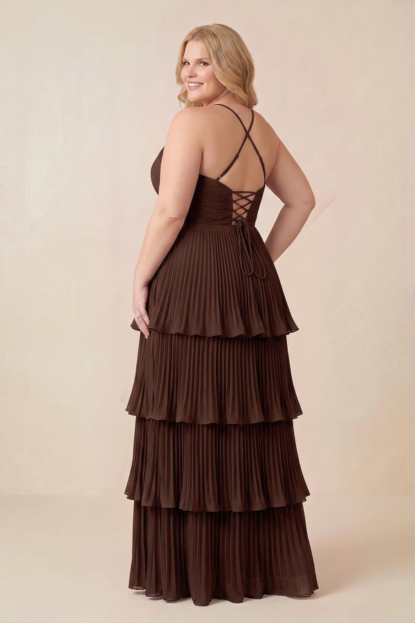 Tiered Pleated V - Neck A - Line Chiffon Bridesmaid Dress in Espresso - KISS BRIDAL Bridesmaid Dresses