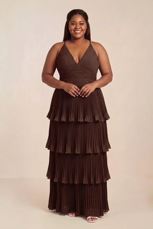 Tiered Pleated V - Neck A - Line Chiffon Bridesmaid Dress in Espresso - KISS BRIDAL Bridesmaid Dresses