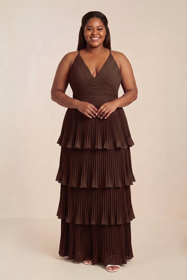 Tiered Pleated V - Neck A - Line Chiffon Bridesmaid Dress in Espresso - KISS BRIDAL Bridesmaid Dresses