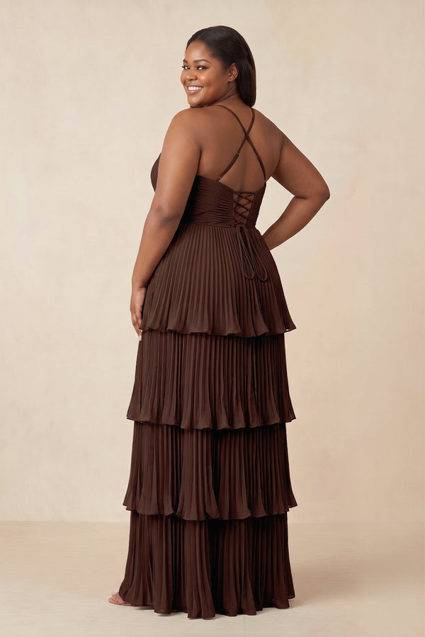 Tiered Pleated V - Neck A - Line Chiffon Bridesmaid Dress in Espresso - KISS BRIDAL Bridesmaid Dresses