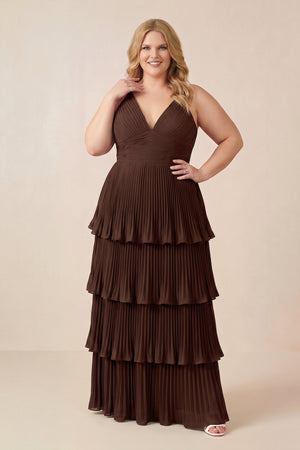 Tiered Pleated V - Neck A - Line Chiffon Bridesmaid Dress in Espresso - KISS BRIDAL Bridesmaid Dresses