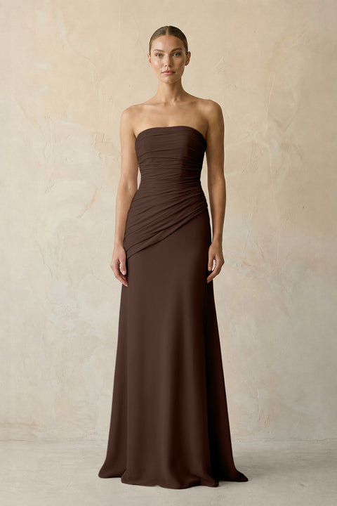 Espresso Sheath Chiffon Strapless Pleated Bridesmaid Dress in Frost - KISS BRIDAL Bridesmaid Dresses