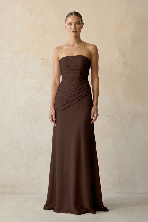 Espresso Sheath Chiffon Strapless Pleated Bridesmaid Dress in Frost - KISS BRIDAL Bridesmaid Dresses