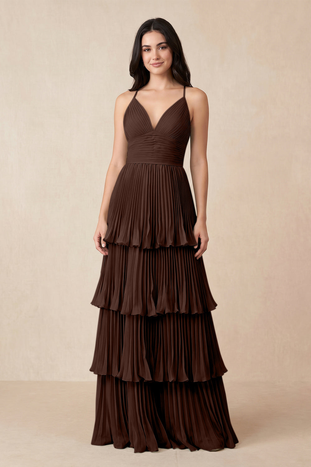 Tiered Pleated V-Neck A-Line Chiffon Bridesmaid Dress in Espresso