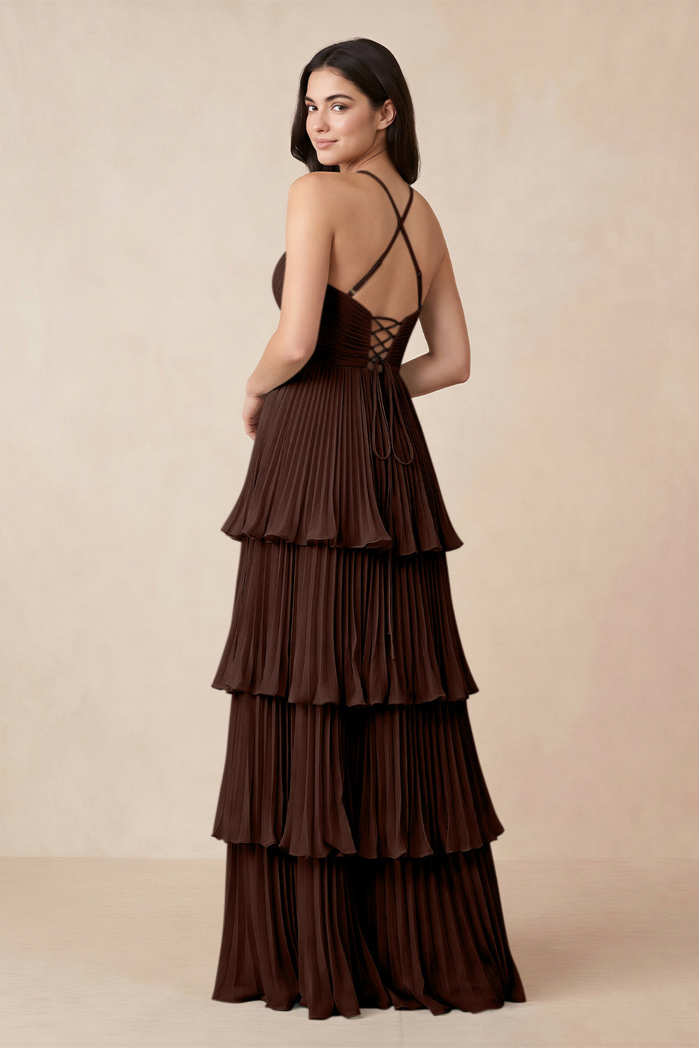 Tiered Pleated V-Neck A-Line Chiffon Bridesmaid Dress in Espresso