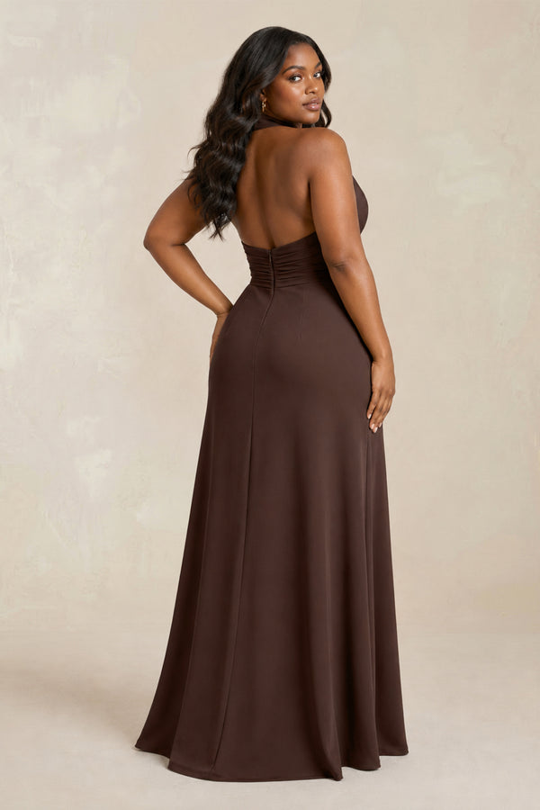High Neck Chiffon Sheath Ruched Bridesmaid Dress in Espresso