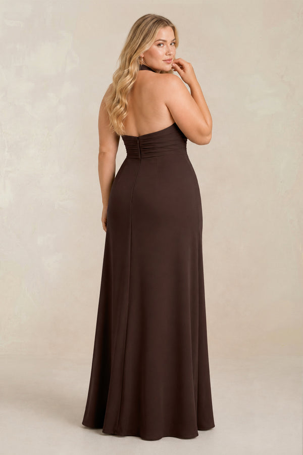 High Neck Chiffon Sheath Ruched Bridesmaid Dress in Espresso
