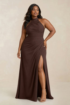 High Neck Chiffon Sheath Ruched Bridesmaid Dress in Espresso
