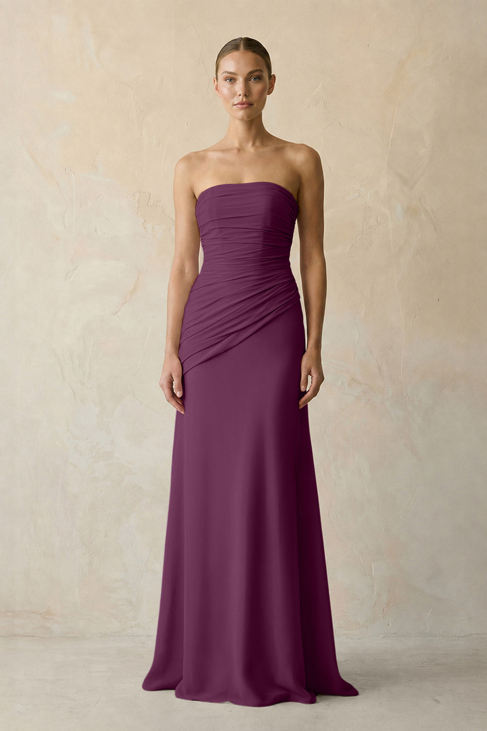 Sheath Chiffon Strapless Pleated Bridesmaid Dress in Fig