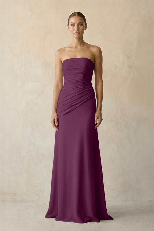 Fig Sheath Chiffon Strapless Pleated Bridesmaid Dress in Frost - KISS BRIDAL Bridesmaid Dresses