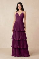 Tiered Pleated V - Neck A - Line Chiffon Bridesmaid Dress in Fig - KISS BRIDAL Bridesmaid Dresses
