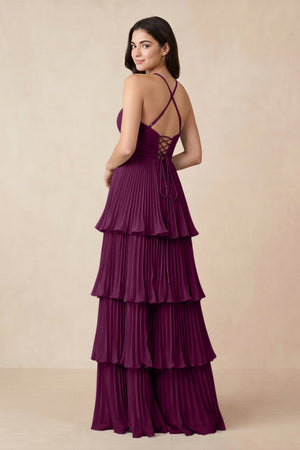 Tiered Pleated V - Neck A - Line Chiffon Bridesmaid Dress in Fig - KISS BRIDAL Bridesmaid Dresses