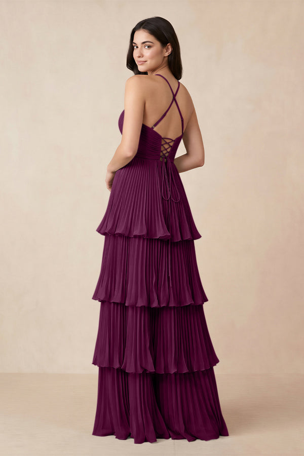 Tiered Pleated V - Neck A - Line Chiffon Bridesmaid Dress in Fig - KISS BRIDAL Bridesmaid Dresses