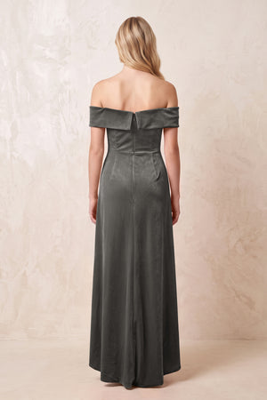 Off - the - Shoulder Sheath Velvet Midi Bridesmaid Dress in Frost - KISS BRIDAL Bridesmaid Dresses
