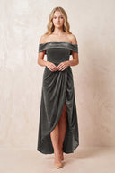 Off - the - Shoulder Sheath Velvet Midi Bridesmaid Dress in Frost - KISS BRIDAL Bridesmaid Dresses