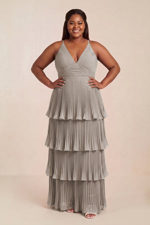 Tiered Pleated V - Neck A - Line Chiffon Bridesmaid Dress in Frost - KISS BRIDAL Bridesmaid Dresses[sizeplus]