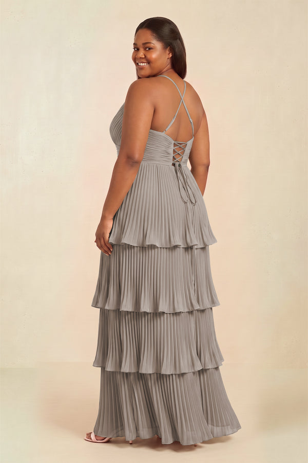Tiered Pleated V - Neck A - Line Chiffon Bridesmaid Dress in Frost - KISS BRIDAL Bridesmaid Dresses[sizeplus]